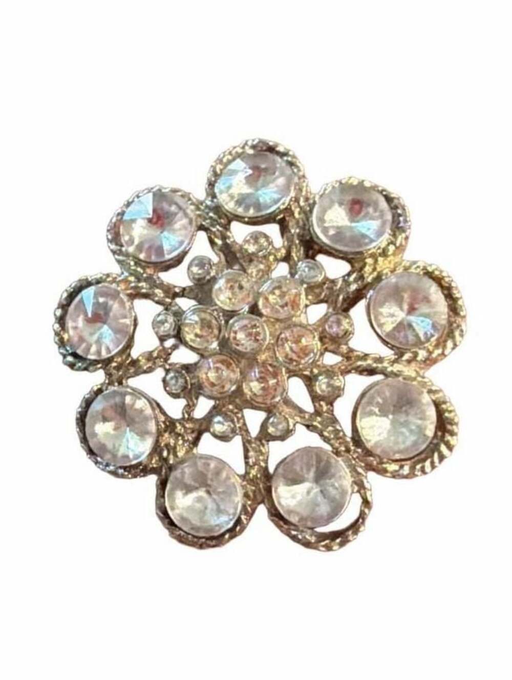Vintage Silver Tone Clear Rhinestone Openwork Floral Brooch Pin
